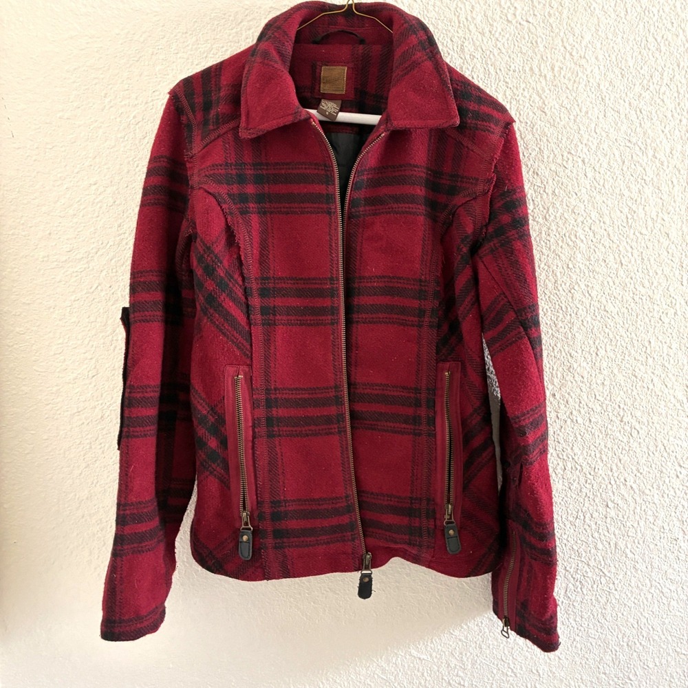 Vtg Ruff Hewn Plaid Wool Blend Chore Jacket Women Size Small Red Black Outdoors